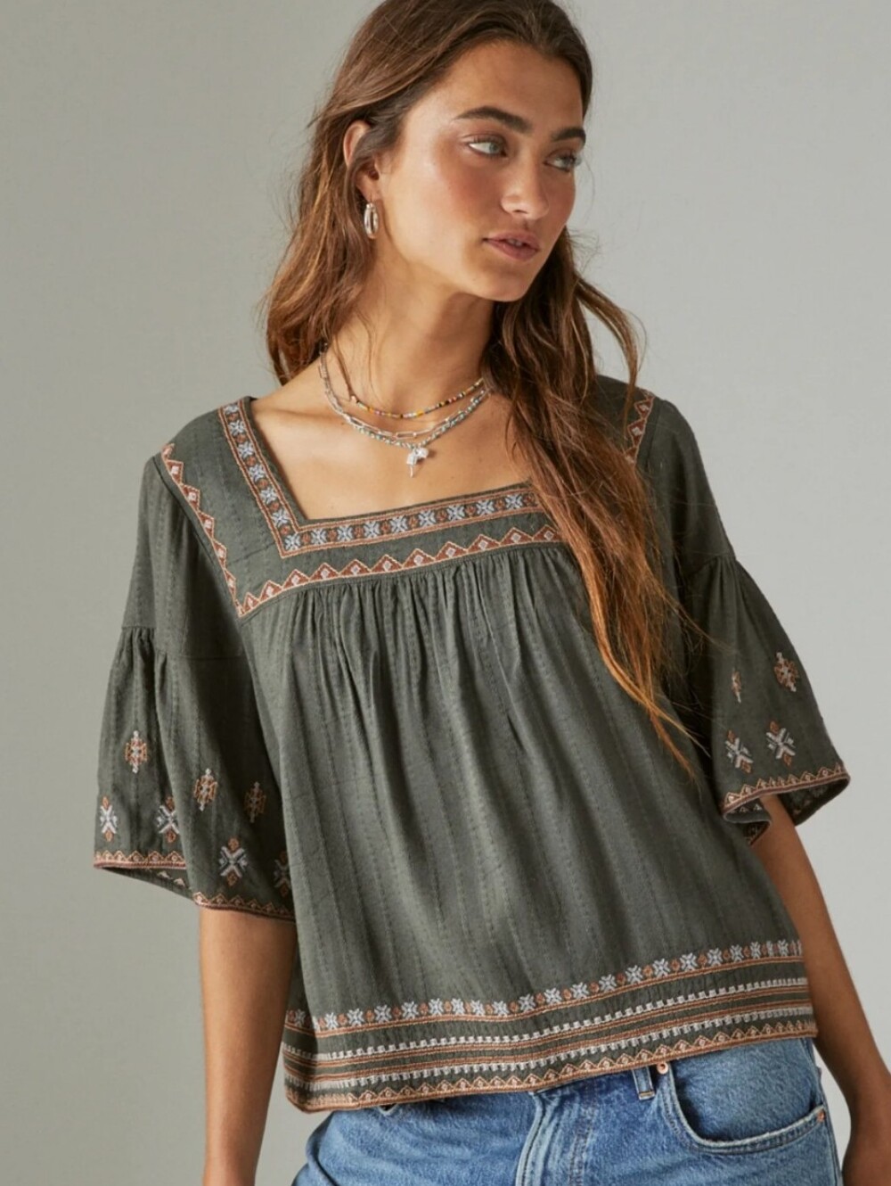 🍂GUC Lucky Brand Short Sleeve Cropped Bohemian Flowy Embroidery Pullover Top, M